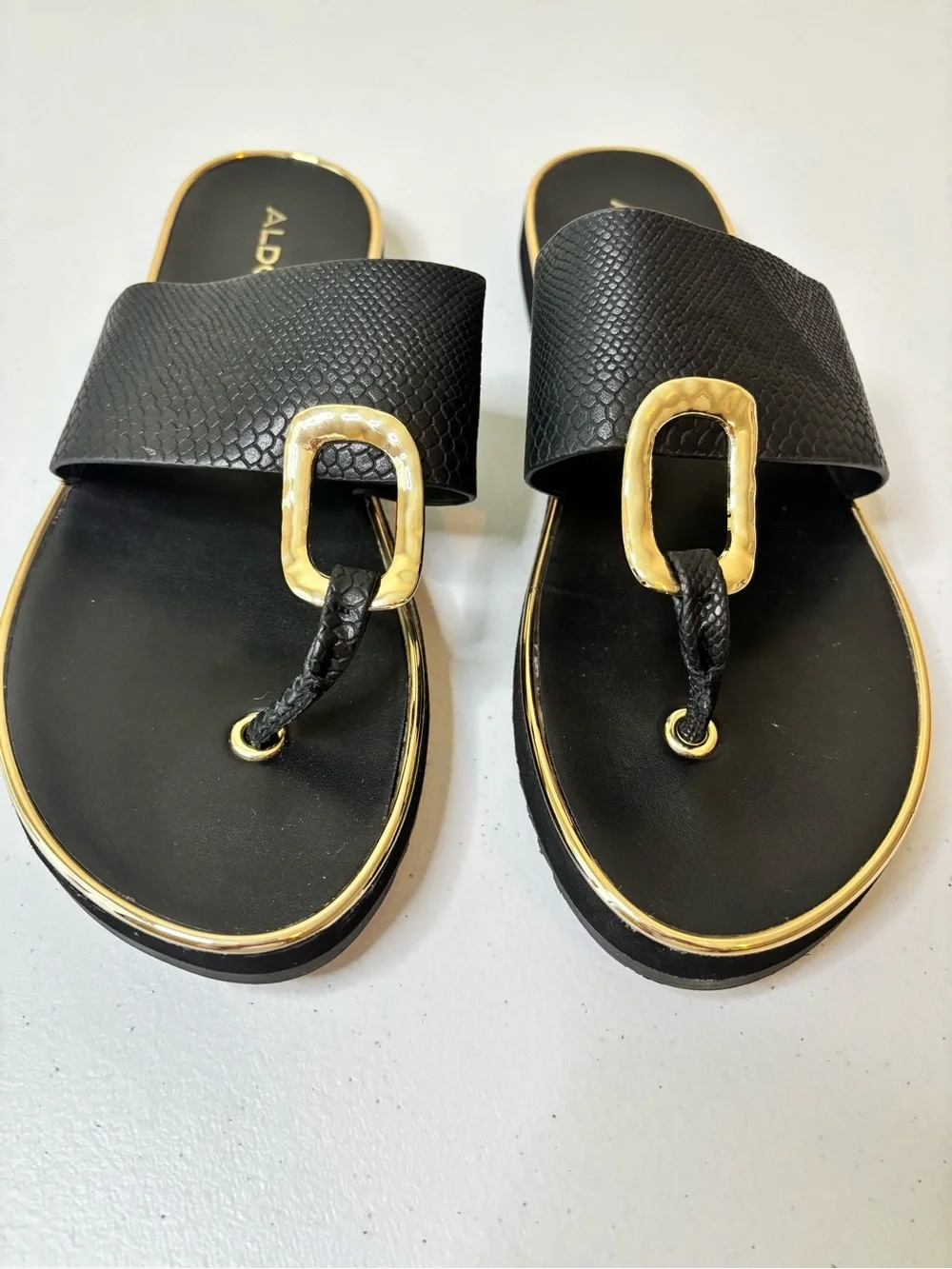 ALDO Black Slide Sandals with Gold Buckle Detail - Picture 2 of 5
